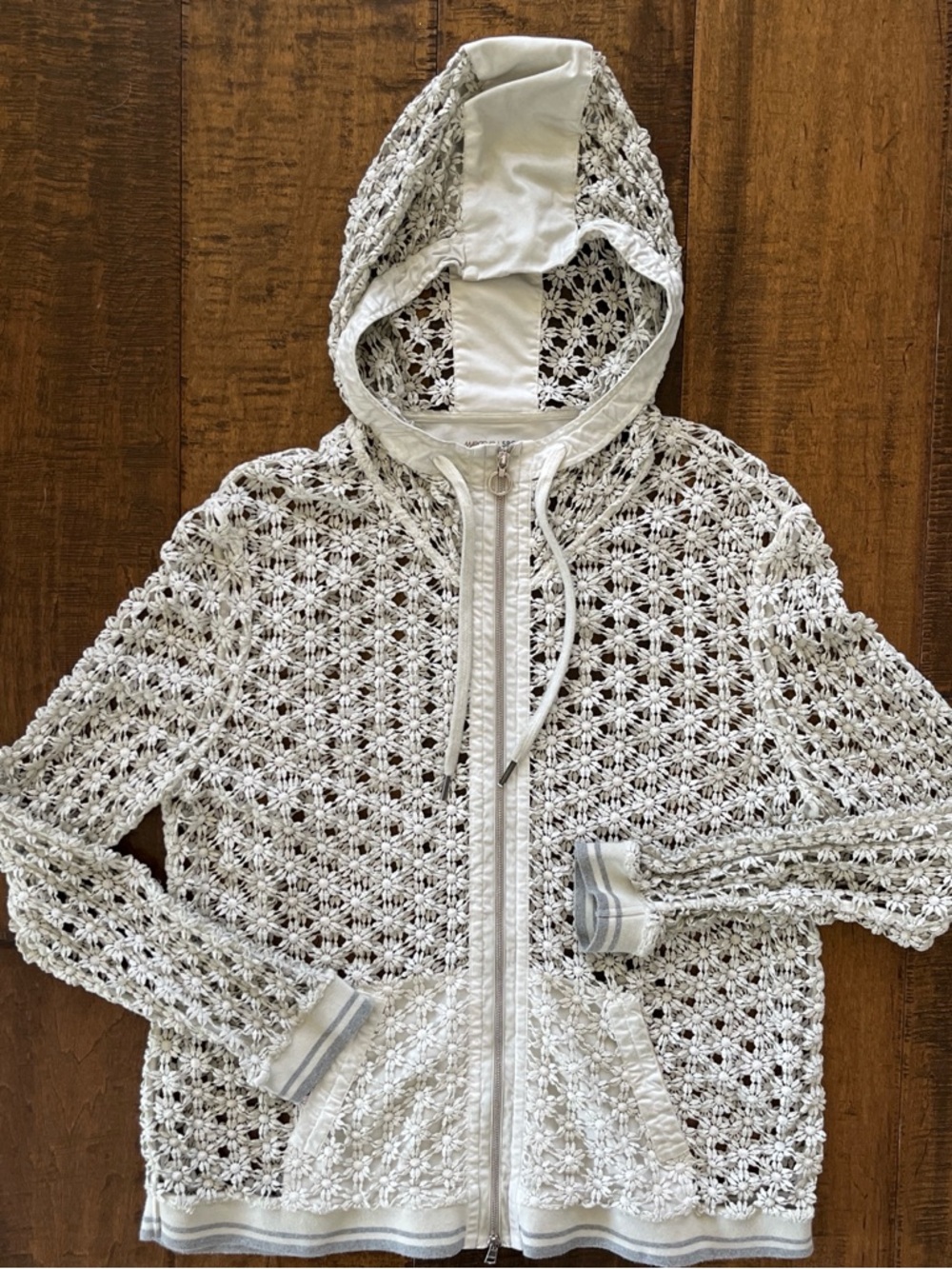 Marc Cain Sports zip-up hoodie jacket, white floral lace daisy crochet hoodie